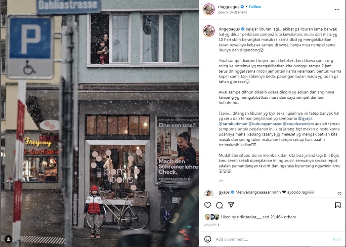 Ringgo menceritakan pengalaman liburannya ke Swiss melalui unggahan akun Instagram-nya.