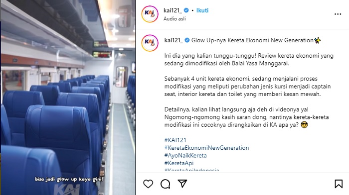 Kereta api kelas ekonomi dimodifikasi di Balai Yasa Manggarai. Kursi kelas kereta api terbaru menggunakan tipe captain seat.