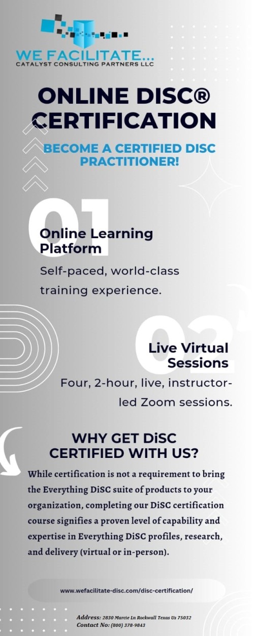 Searching for DiSC Certification Training? Then contact WeFacilitate-DiSC; their DiSC certification courses help you in becoming a certified DiSC trainer and their courses are designed to increase your confidence. Contact them now!

https://wefacilitate-disc.com/product-category/certification/

#DiscCertificationWiley
#CertifiedDiscPractitioner
#DiscPersonalityCertification
#DiscConsultant