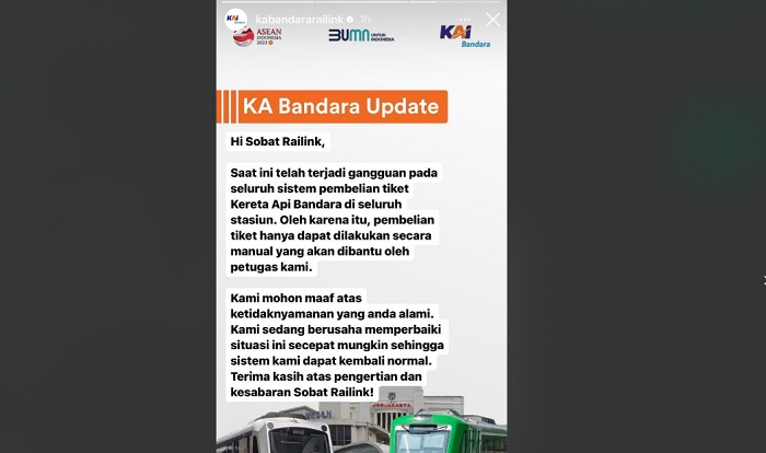 Sistem pembelian tiket Kereta Api Bandara juga mengalami error pada Kamis (4/1/2024) pagi hari.