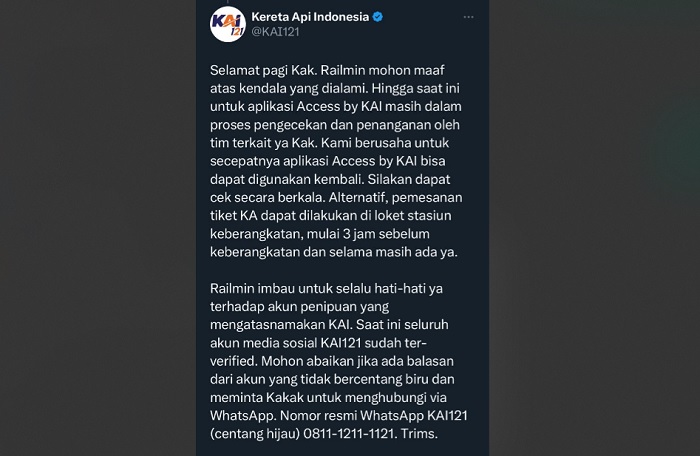 Tanggapan KAI terkait errornya aplikias Access by KAI.