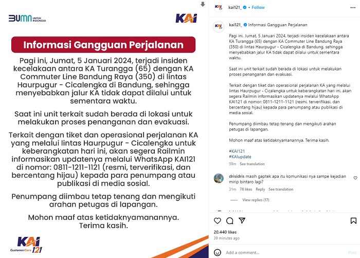 Tanggapan PT KAI terkait insiden kecelakaan KA Turangga dengan KA Lokal Bandung.