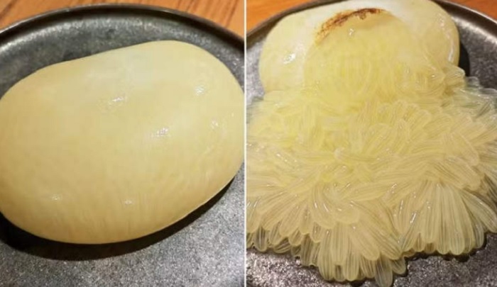 Restoran Koji di Singapura mencuri perhatian usai menyajikan hidangan aneh yang berupa sekantung telur gurita mentah.