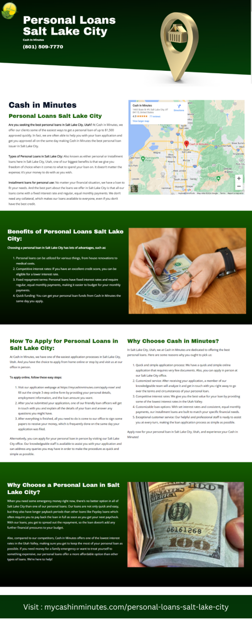 Navigate your financial goals with personal loans in Salt Lake City, Utah. Unlock tailored solutions, competitive rates, and local support. Contact Cash in Minutes to apply now for swift approval and financial empowerment.

Visit : https://mycashinminutes.com/personal-loans-salt-lake-city/


#PersonalLoanSaltLakeCity 
#PersonalLoansSaltLakeCityUtah